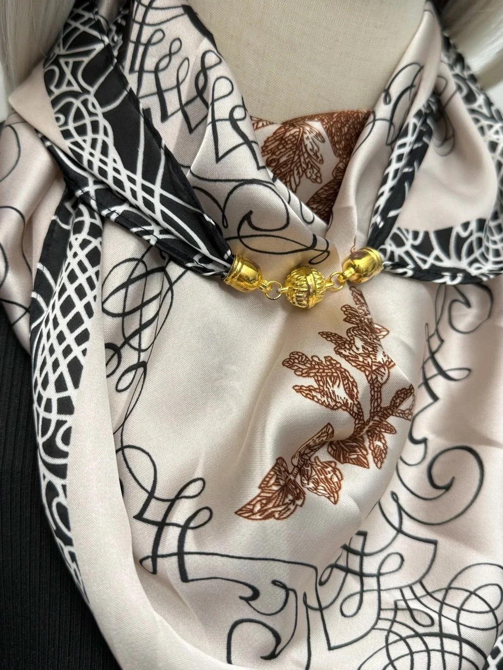 Luxury Satin Scarf with Magnetic Clasp, Floral & Abstract Print Silk Feel